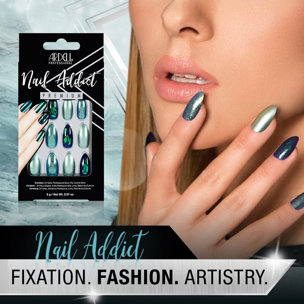 Ardell Nail Addict Premium Artificial Nail Set, Green Glitter Chrome