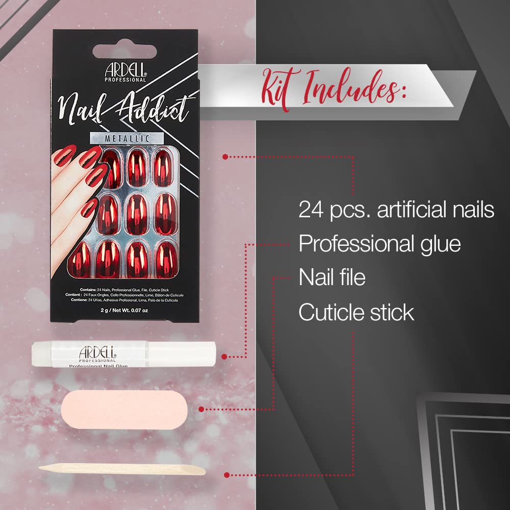 Ardell Nail Addict Artificial 24-Pc Nail Set, Metallic Red, Medium