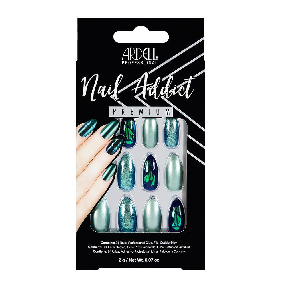 Ardell Nail Addict Premium Artificial Nail Set, Green Glitter Chrome