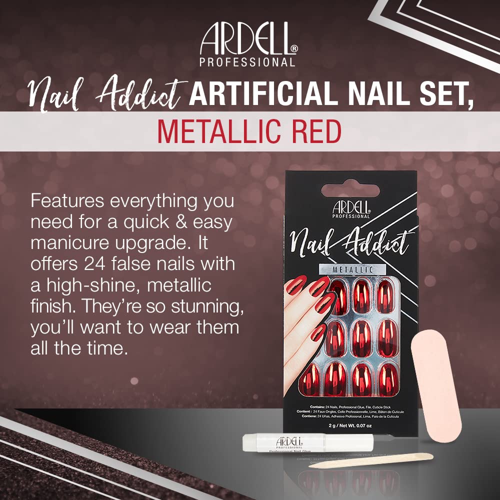 Ardell Nail Addict Artificial 24-Pc Nail Set, Metallic Red, Medium