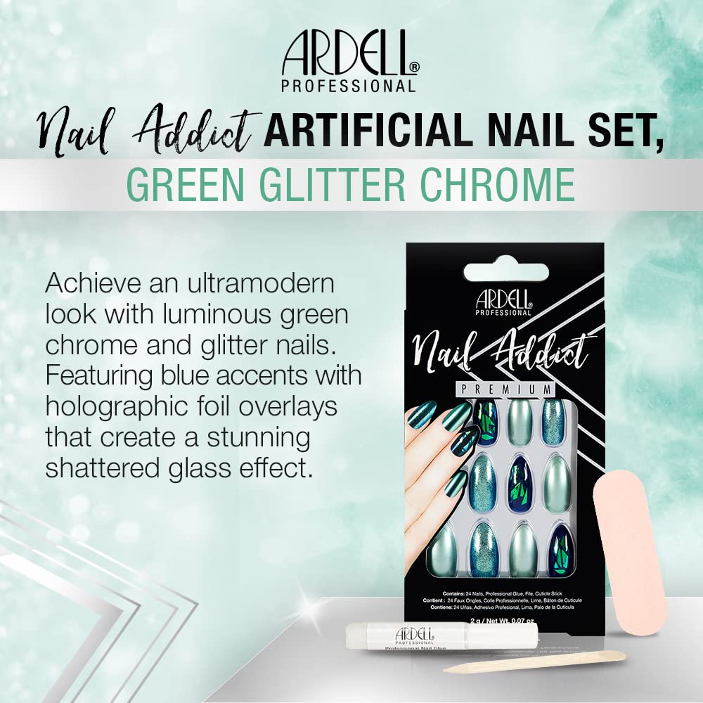 Ardell Nail Addict Premium Artificial Nail Set, Green Glitter Chrome